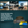 Heavy-duty absorbent pads, pillows, socks, gloves, and disposal accessories shown with truck spill scenes above, illustrating industrial spill cleanup solutions designed for quick deployment and efficient facility maintenance