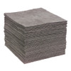 A tall stack of grey absorbent pads used for soaking up industrial oil and chemical spills.