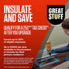 Infographic detailing how insulation upgrades qualify for a twenty-five C Energy Efficient Home Improvement Credit. It notes the tax credit covers up to thirty percent of eligible expenses, up to twelve hundred dollars per year for homeowners or tenants in a primary residence, using IRS Form fifty-six ninety-five.