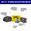 Infographic of a 20 gallon spill kit including absorbent pads, pillows, socks, hazmat bags, and protective gloves.