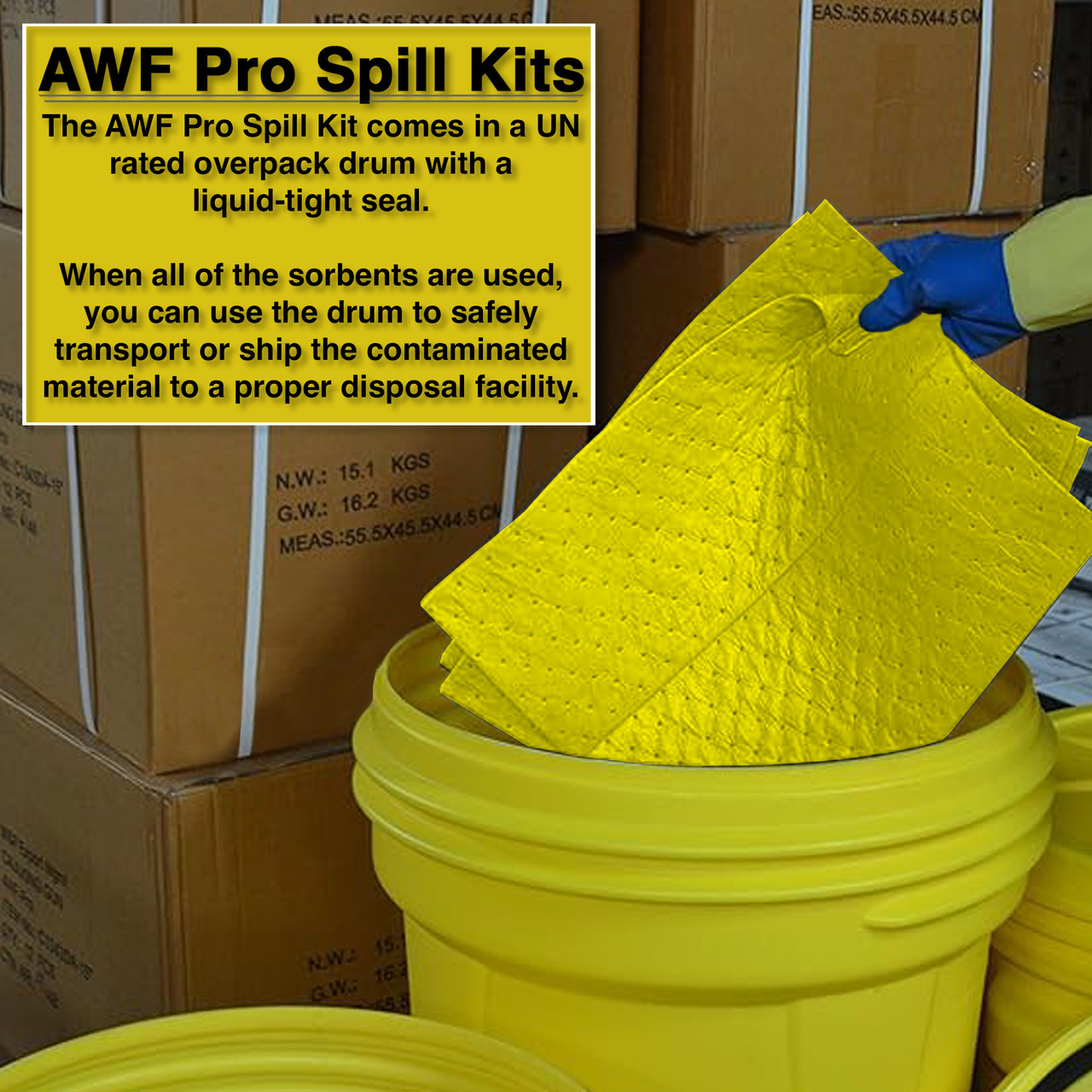 AWF PRO 20 Gallon Hazmat Spill Kit, 50 Pieces: 35 Heavy Duty Pads, 3 - 3 x  12' Socks, 2 - 18x18 Pillows, 10 Accessories