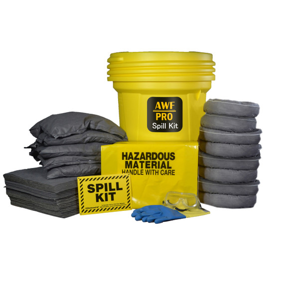 Spill kit with 20 gallon screw top drum, absorbent pads, socks, pillows, disposal bags, gloves, and safety goggles.