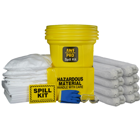 Kit includes a yellow 30 gallon overpack drum, white absorbent socks, pads, pillows, goggles, gloves, and disposal bags.
