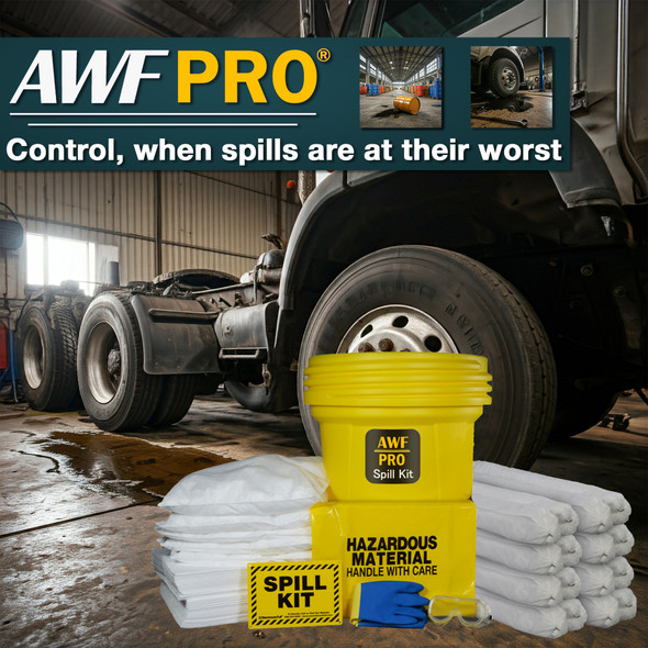 AWF PRO 30 Gallon Oil Only Spill Kit, 75 Pieces: 50 Heavy Duty Pads, 2 - 3"x12' Socks, 6 - 3"x4' Socks, 5 - 18"x18" Pillows, 12 Accessories