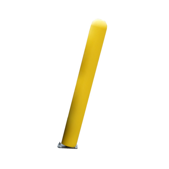 Yellow flexible safety post mounted to a metal base plate, shown leaning to demonstrate impact resistance