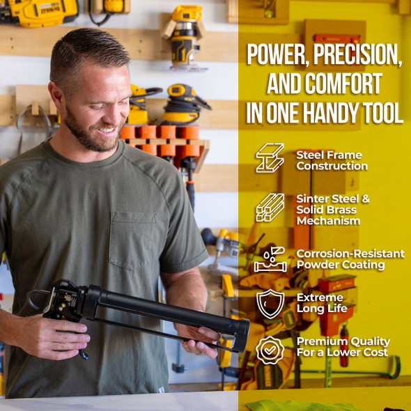 Infographic highlighting features of an AWF Pro black caulking gun held by a worker in a workshop setting.