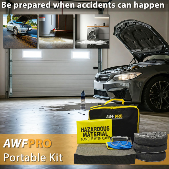 Promotional image showing portable spill kit with absorbent pads, goggles, disposal bag, and carry case beside a car spill in a garage setting, highlighting emergency cleanup readiness
