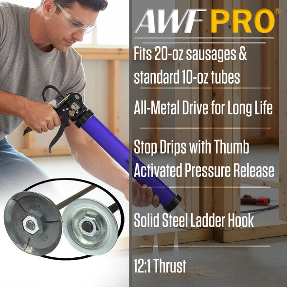AWF PRO® Blue Anodized Aluminum Hull Sausage/Cartridge Caulk Gun, 12:1 Thrust, 10 oz. Cartridge, 20 oz. Sausage with 3 Tips