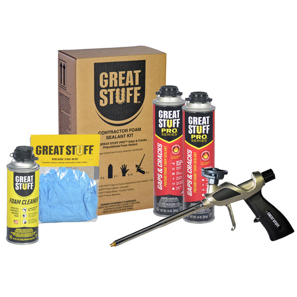 Sealant kit includes 2 twenty-four ounce spray foam cans, 1 twelve ounce foam cleaner, applicator gun, and nitrile gloves.