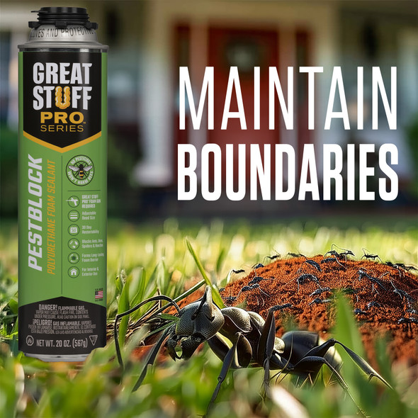A can of Great Stuff Pro Pestblock foam sealant is shown outdoors near an ant hill to demonstrate its use in keeping pests out of the home.