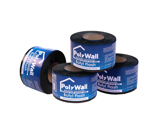 Four rolls of 20 mil self-adhering butyl window and door flashing tape, each measuring 4 inches wide by 100 feet long.