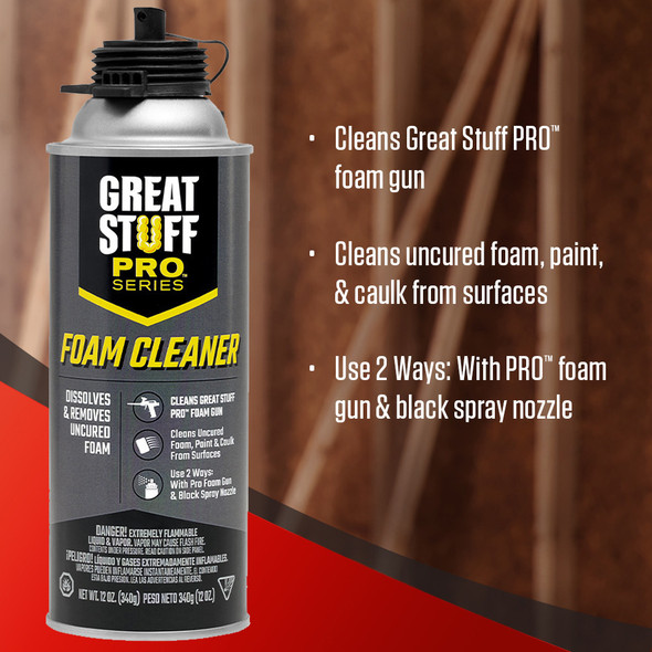 This graphic highlights the capabilities of the 12 ounce Great Stuff Pro Series foam cleaner.

It is designed to clean the Great Stuff Pro foam gun.

The cleaner removes uncured foam, paint, and caulk from various surfaces.

It can be used in two ways: by attaching it to the Pro foam gun or by using the included black spray nozzle.
