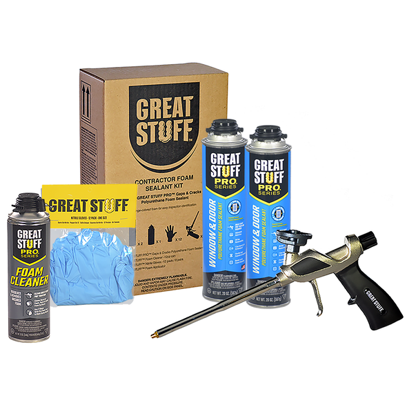 Contractor foam sealant kit includes 2 cans of window and door foam, 1 can of foam cleaner, 12 pairs of nitrile gloves, and an applicator gun.