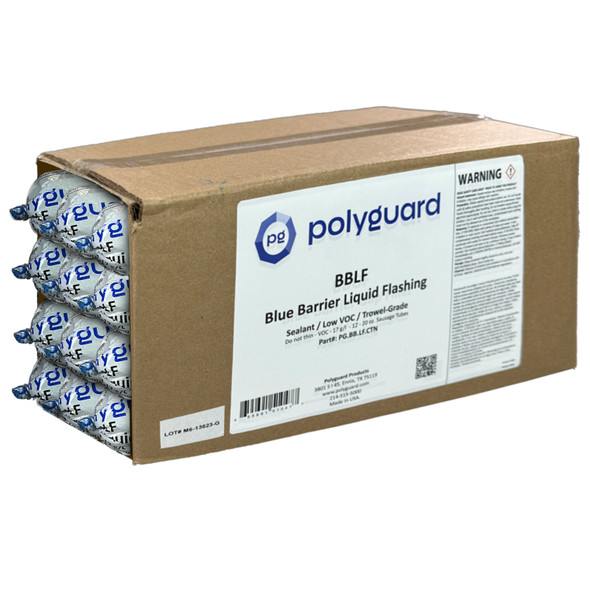 Box of twelve 20 ounce sausage tubes containing blue trowel-grade sealant for liquid flashing.