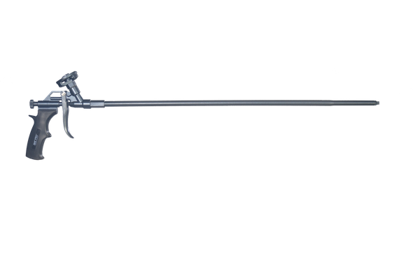 Black spray foam gun featuring an extended reach barrel and ergonomic hand grip on white background.