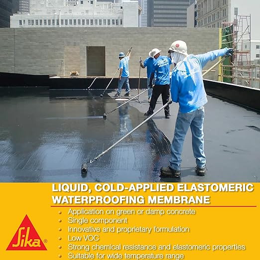 Infographic showing contractors roller-applying liquid waterproofing to a large deck. Features include low VOC and chemical resistance.