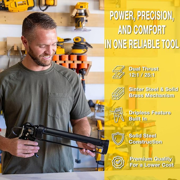 Worker holding an AWF Pro caulking gun in a workshop, with a yellow info panel detailing tool features.