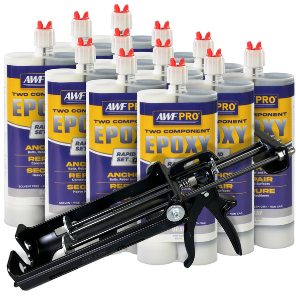 Kit includes 12 dual-component rapid set epoxy cartridges and one black dual-barrel dispensing gun