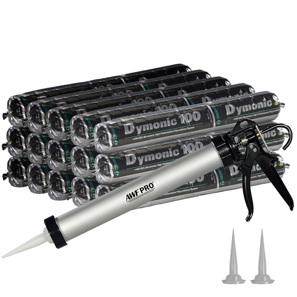 Kit includes 15 foil sausage packs of Tremco Dymonic 100 polyurethane sealant, one silver AWF PRO sausage caulking gun, and two plastic cone nozzles.