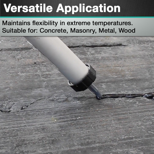Infographic demonstrating versatile application, showing a sausage caulking gun applying black sealant to a textured surface, with text highlighting that the product maintains flexibility in extreme temperatures and is suitable for concrete, masonry, metal, and wood.