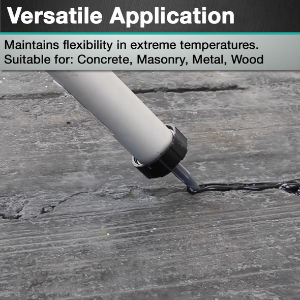 Infographic demonstrating versatile application, showing a sausage caulking gun applying black sealant to a textured surface, with text highlighting that the product maintains flexibility in extreme temperatures and is suitable for concrete, masonry, metal, and wood.