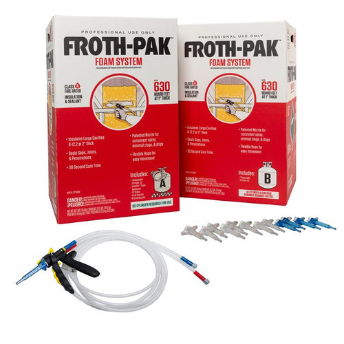 Spray foam kit includes two 630 board foot boxes, fifteen foot hose, dispensing gun, and ten assorted replacement nozzles.