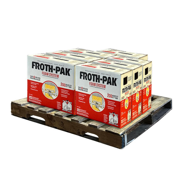 A wooden pallet holding seven boxes of a two-component spray foam insulation system, rated for 200 board feet.