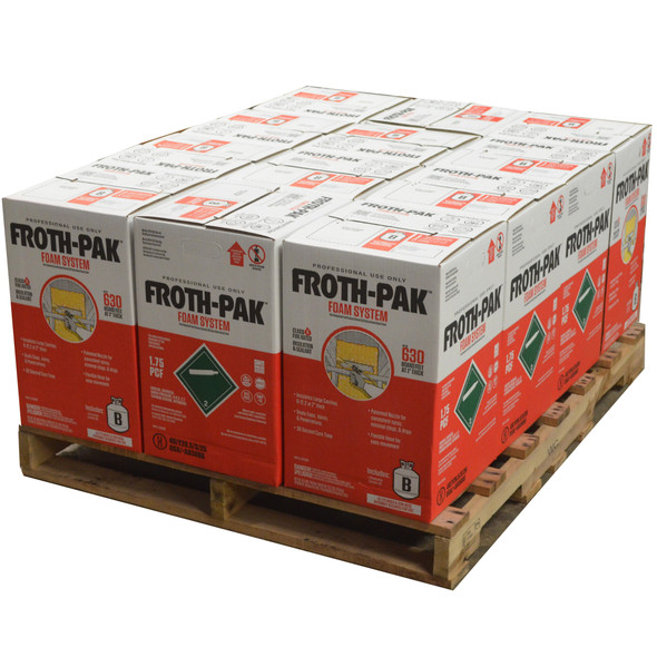 A wooden pallet stacked with multiple 630 board foot spray foam insulation kits in red and white boxes.
