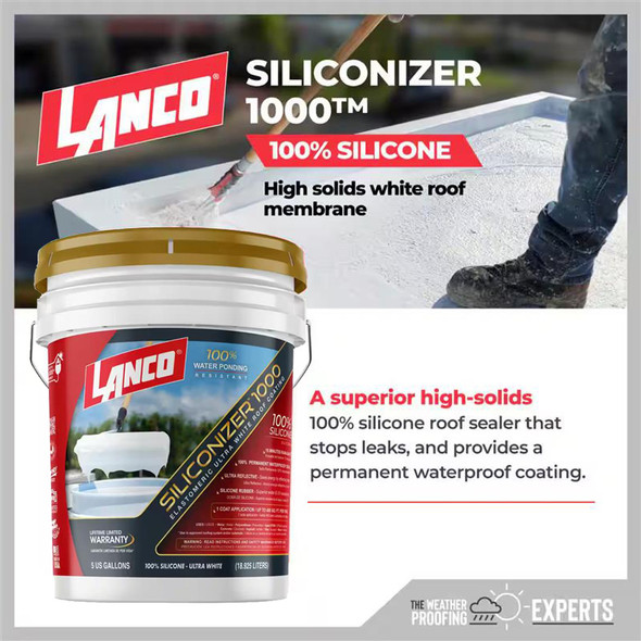 Lanco Siliconizer 1000, 100% Silicone High Solids Waterproof Roof Coating, Rain Safe in 15 Min, Permanent Ponding Water Resistance, One-Coat Coverage, High Reflectivity, 5 Gallon Ultra White Lanco Siliconizer 1000, 100% Silicone High Solids Waterproof Roof Coating, Rain Safe in 15 Min, Permanent Ponding Water Resistance, One-Coat Coverage, High Reflectivity, 5 Gallon Ultra White