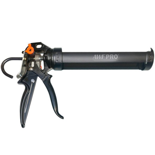 Black AWF Pro caulking gun with a semi-enclosed barrel facing right against a plain white background.