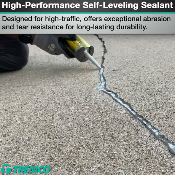 Infographic showing a worker applying self-leveling sealant to a large crack in a concrete surface, with text highlighting its high-traffic design, abrasion resistance, and tear resistance.