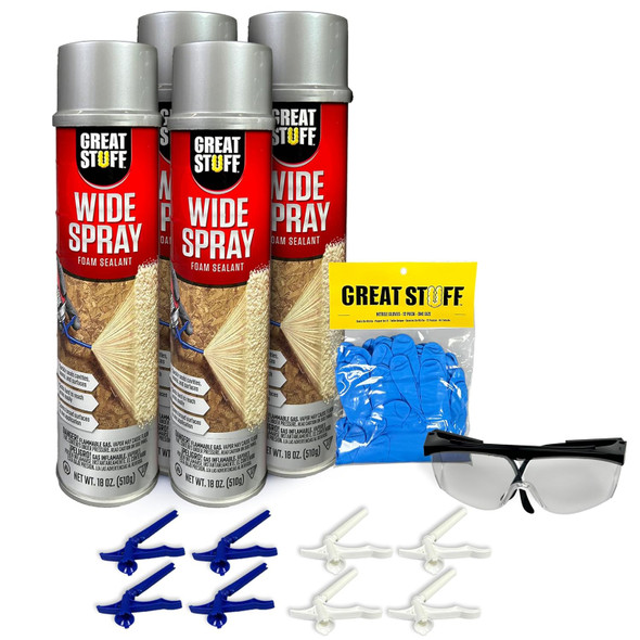 Kit includes four 18 ounce cans of wide spray foam sealant, a pair of safety goggles, blue nitrile gloves, and eight nozzles.