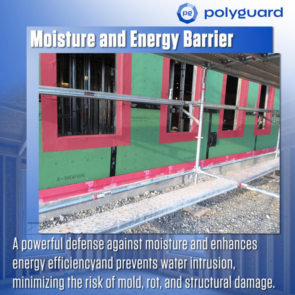 Infographic showing moisture barrier installed around window openings on green sheathing to prevent water intrusion.