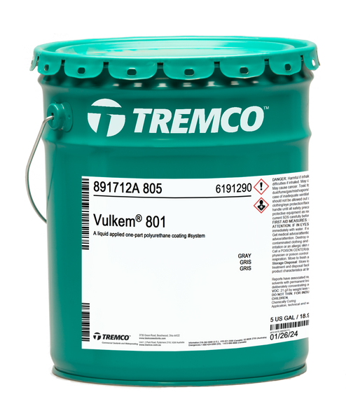 Five gallon teal pail of Vulkem 801 containing gray liquid-applied one-part polyurethane coating.