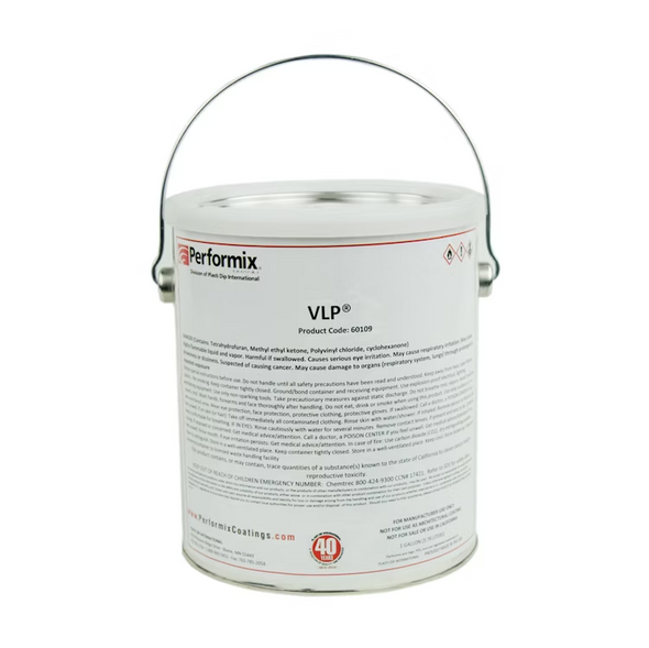 A one gallon metal can of Performix VLP vinyl repair coating, featuring white labeling with detailed safety and usage instructions.