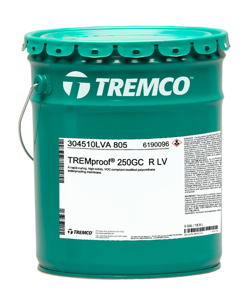 Five gallon teal metal pail of rapid-curing modified polyurethane waterproofing membrane.