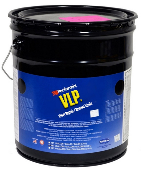 A one gallon black pail of Performix VLP vinyl repair coating with a blue label.