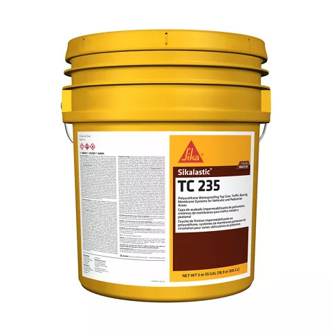 Five gallon yellow plastic pail of polyurethane waterproofing top coat for traffic-bearing membrane systems.