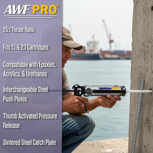Worker injecting adhesive into a concrete pillar next to a graphic listing product specifications for an AWF Pro gun.