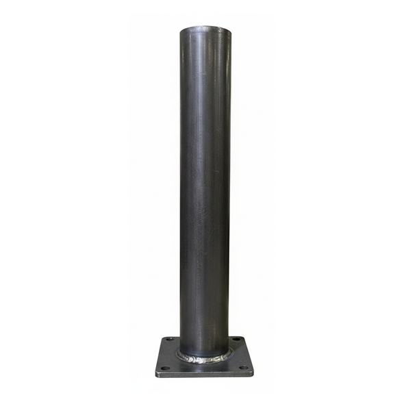 Surface-mounted steel safety bollard with square base plate, industrial pipe construction, designed for facility protection and traffic control applications