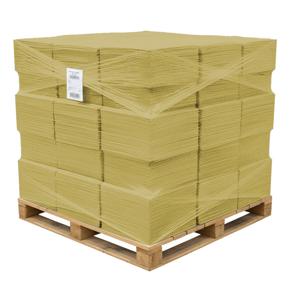 Bulk pallet of yellow chemical absorbent pads stacked and secured with clear plastic stretch wrap for shipping.