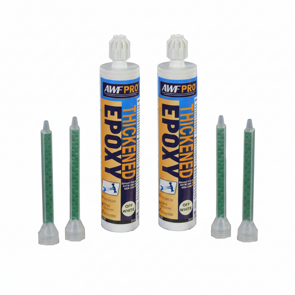 Kit includes two tubes of thickened epoxy and four green static mixing nozzles