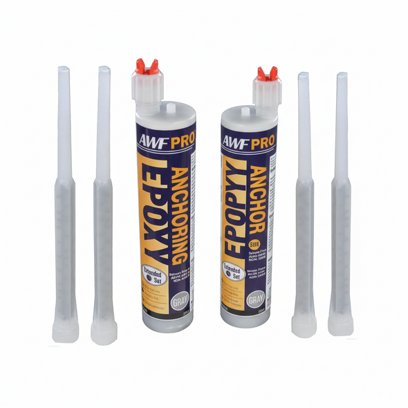 Two 265 milliliter tubes of two-component extended set epoxy adhesive for anchoring with mixing nozzles