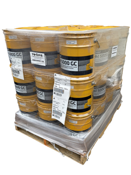 Shrink-wrapped pallet containing 36 five-gallon pails of liquid cold-applied elastomeric waterproofing membrane
