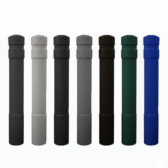 Seven decorative safety post covers in assorted colors with textured finish and banded design, shown upright on a neutral background