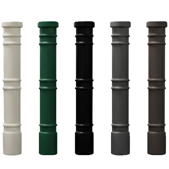Five decorative Ideal Shield Metro Style round bollard covers in light granite, green, black, gray, and bronze with raised bands.