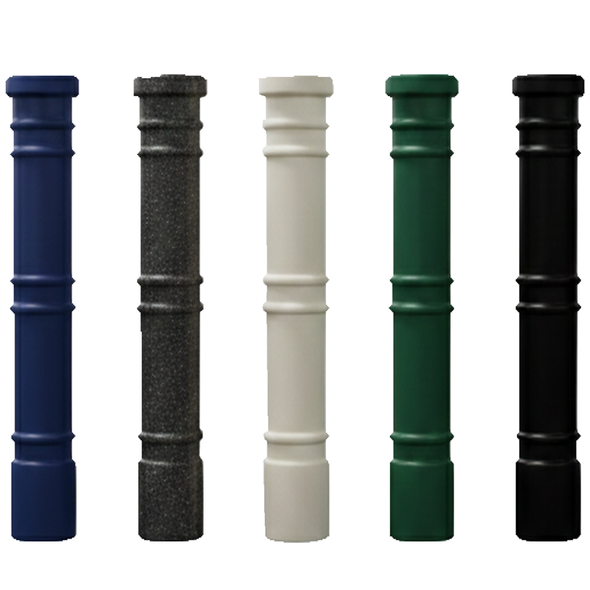 Five decorative Ideal Shield Metro Style round bollard covers in blue, dark granite, light white, forest green, and black with raised bands.