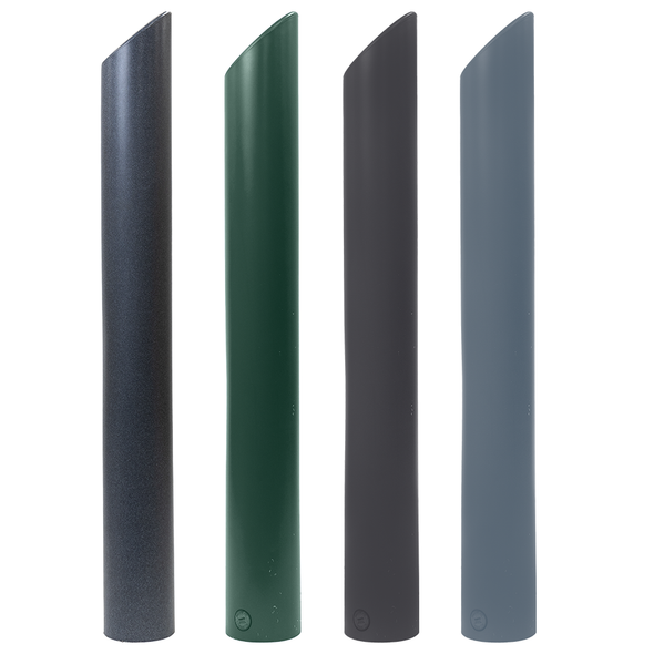 Four decorative bollard covers with sloped tops shown in textured gray, green, dark gray, and light gray finishes