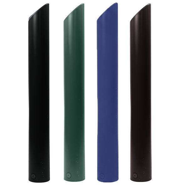 Four 8" round decorative Ideal Shield Skyline bollard covers in black,  forest green, blue, and brown with angled tops.