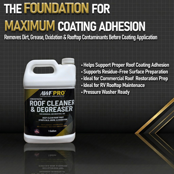 Infographic summarizing the benefits of AWF PRO Roof Cleaner and Degreaser. It is a concentrated, pressure-washer-ready formula designed to remove contaminants to ensure maximum coating adhesion for both commercial and RV roof restoration.
